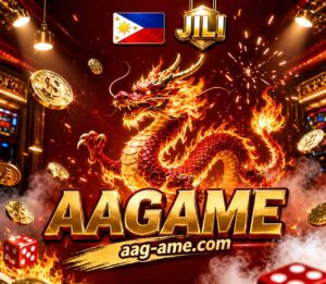Fiery red dragon surrounded by gold coins, dice, and casino-style elements with “AAGAMECOM,COM branding and website link aag-ame.com, featuring a Philippines flag and JILI logo.